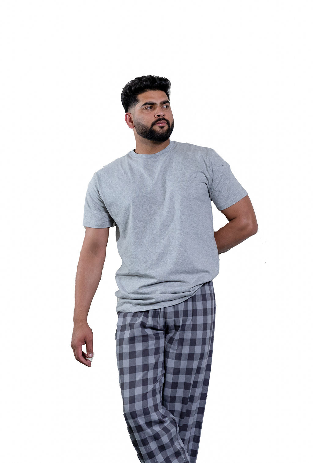Crewneck short sleeve cotton jersey tee in sport gray and black, pre-washed and pre-shrunk with hemmed sleeves and waist
